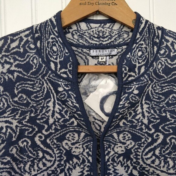 Peruvian Connection Balinese Jacket Size PS NWT Blue White Knit Pima Cotton - Picture 2 of 11